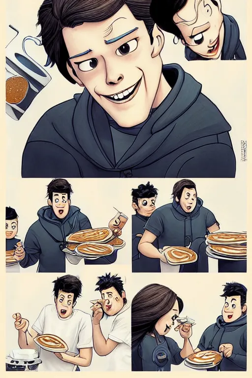 Image similar to pete davidson making pancakes, animation pixar style, by pendleton ward, magali villeneuve, artgerm, rob rey and kentaro miura style, golden ratio, trending on art station