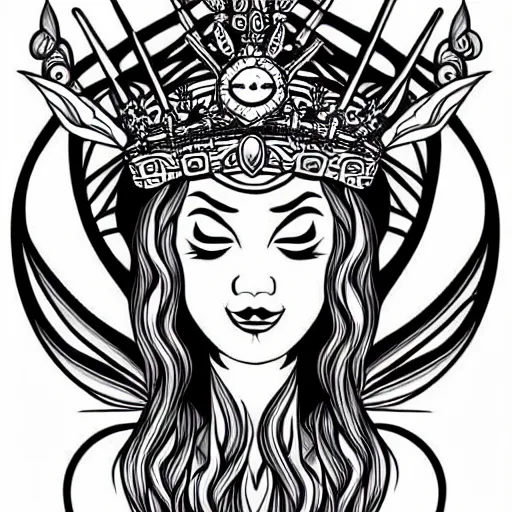 Image similar to a peaceful meditative mermaid wearing a crown, full body, symmetrical, highly detailed black and white new school pinup tattoo design