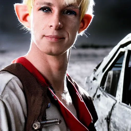 Image similar to close up headshot of a skinny high-fantasy elf with a long face narrow chin and spiky blonde hair wearing dark brown overalls and holding a bomb next to a destroyed car, gel spiked blond hair, high resolution film still, HDR color