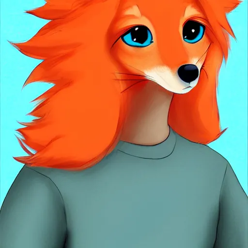 Image similar to fursona of an orange fox with poofy hair, digital art, furaffinity, tumblr, twitter