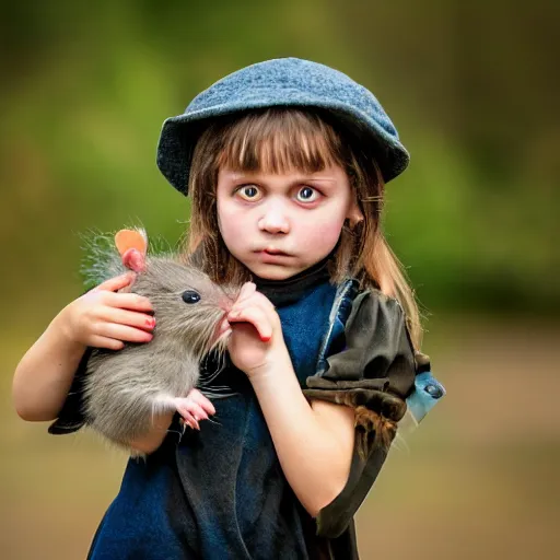 Image similar to little girl, cosplaying as ratcatcher 2, she holds a cute rat, photo taken on a Nikon, 4k