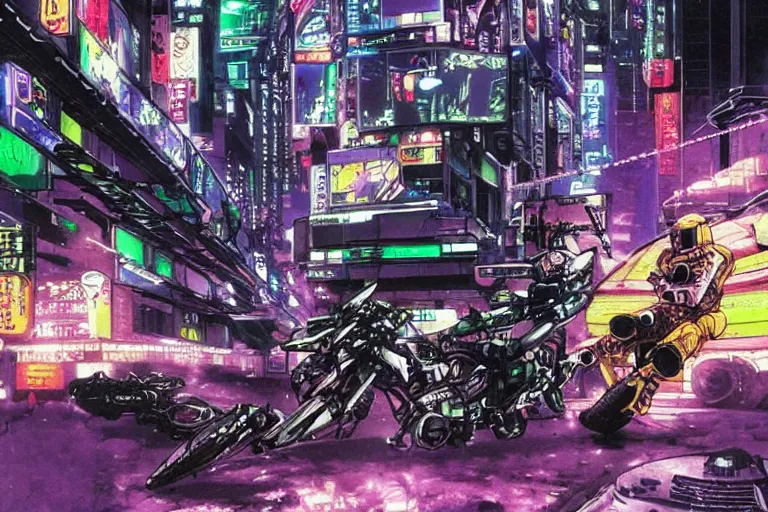 Prompt: mecha fighting against young biker in neo tokyo, very detailed, cyberpunk, akira anime, artwork, violet green magenta details, art by katsuhiro otomo