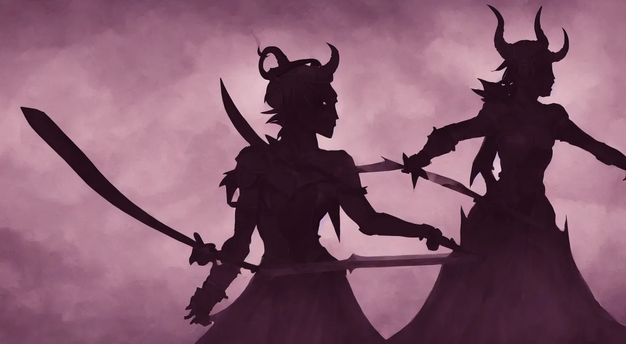 Prompt: Intense silhouette of a female tiefling holding a large sword, mourning the loss of her victim, fantasy art, trending on artstation, 4k, HD