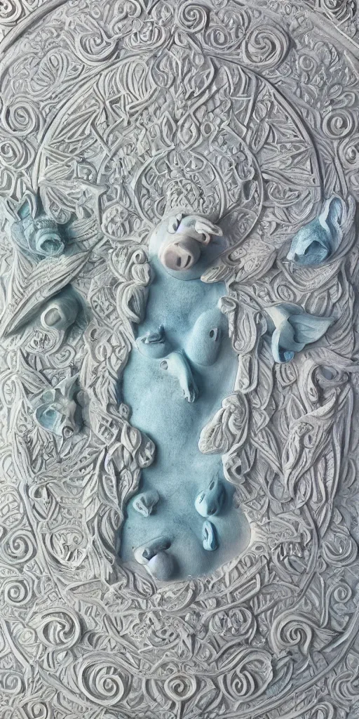 Image similar to intricate colourfully painted carved Soapstone relief paneling, white and pale blue , celestial, pig, piglet, piggy, pig goddess, mother earth, Earth Goddess mythology, Gaia, angels, divinity, Ghostly, crystaline celtic, insanly detailed , artstation, wallpaper, hyper realistic, realistic lighting