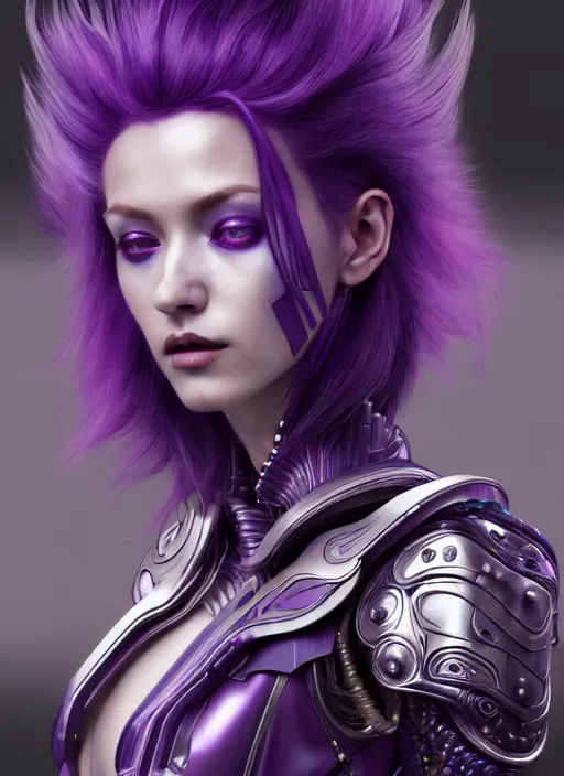 Prompt: a photorealistic detailed image of a beautiful stoic vampire in sci - fi bionic armor with purple hair, detailed, intricate, elegant, highly detailed, digital painting, artstation, concept art, smooth, sharp focus, illustration, art by hana yata, artem demura, alphonse mucha, octane render, unreal engine, 8 k