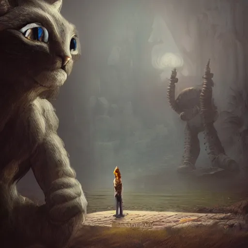 Prompt: an adventurer discovering a giant statue of a cat staring at him, moody, fantasy, dark atmosphere, digital art, trending on artstation