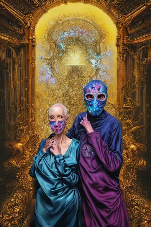 Prompt: Two skinny old people draped in silky gold, green and pink, gas masks connected to theirs hearts, inside an ornate, abandoned hospital room, they sit next to a fireplace with swirling blue flames, the world is insane, lost in despair, Ayami Kojima, Karol Bak, Greg Hildebrandt, mark brooks, hauntingly surreal, highly detailed painting by Mariko Mori, part by James Jean, Jenny Saville, Soft light 4K
