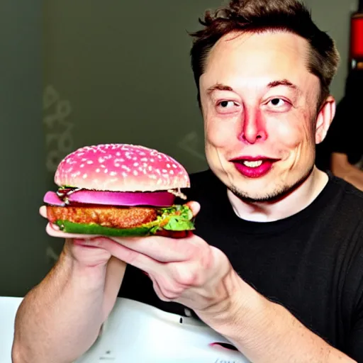 Image similar to elon musk eating a pink burger