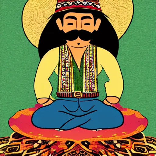 Prompt: mustachioed mexican vaquero seated in the lotus position, sombrero, persian folktale artstyle