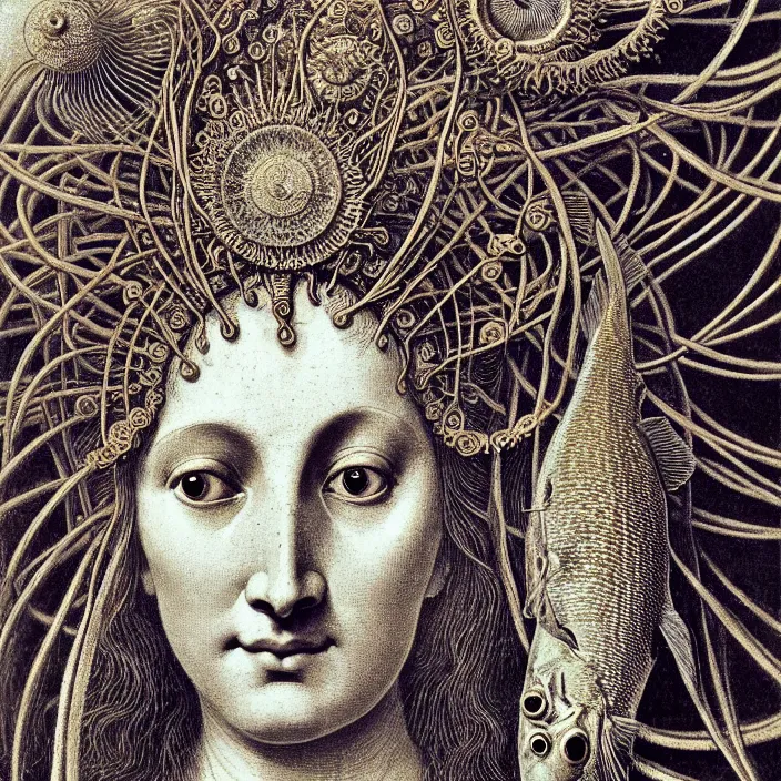 Prompt: realistic detailed face portrait of the goddess of the fish of the three times with an intricate headdress of corals, sea kelp, sea plants, fish, jellyfish, art by ernst haeckel, archimboldo, face in focus, neo - gothic, gothic,