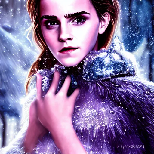 Image similar to Portrait shot of Emma Watson as the Queen of Ice, Ice crystal armor, snow falling, concept art, 4k, digital art, trending on art station, hd, doll, colorful backdrop