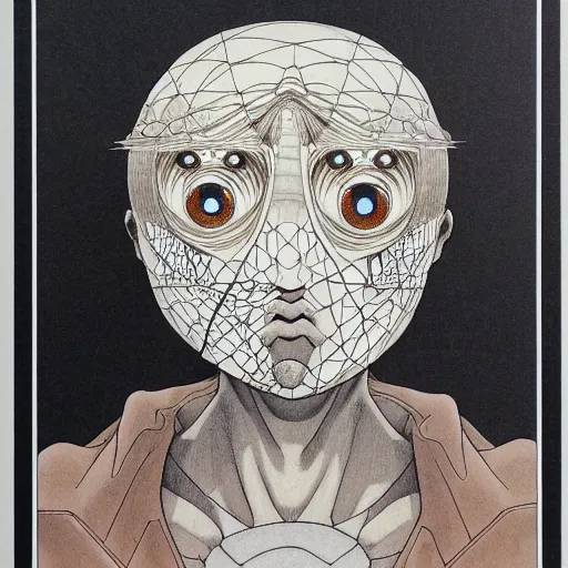 Image similar to prompt: Fragile looking vessel portrait face drawn by Katsuhiro Otomo, inspired by Escher, magical and alchemical objects on the side, soft light, white background, intricate detail, intricate ink painting detail, sharp high detail, manga and anime 2000