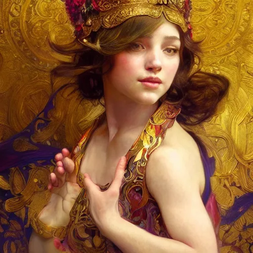 Prompt: an intricate artistic pose painting of a beautiful young halfling with an artistic pose, hyper detailed, ornamental gold headpiece, octane render, vivid colors, artstation, by jeremy mann, by alphonse mucha, by boris vallejo