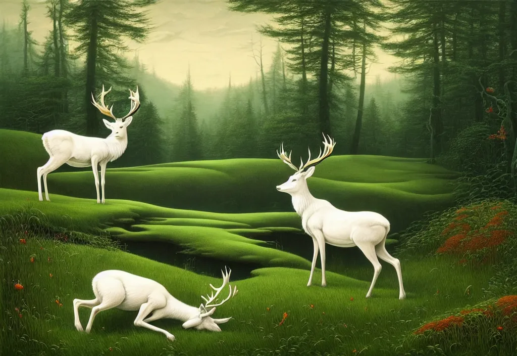 Image similar to hyper detailed 3d render like a Oil painting - white stag drinking from a silvery pool in a peaceful lush meadow, by Jacek Yerka, Mariusz Lewandowski, Houdini algorithmic generative render, Abstract brush strokes, Masterpiece, Edward Hopper and James Gilleard, Zdzislaw Beksinski, Mark Ryden, Wolfgang Lettl, hints of Yayoi Kasuma, octane render, 8k