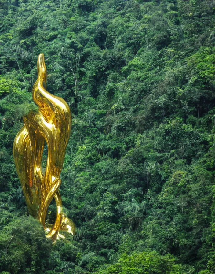 Prompt: color photo of a massive liquid gold sculpture in jungle mountains, photography by werner herzog