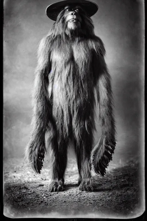 Prompt: a wet plate photograph of a Bigfoot trying on a hat