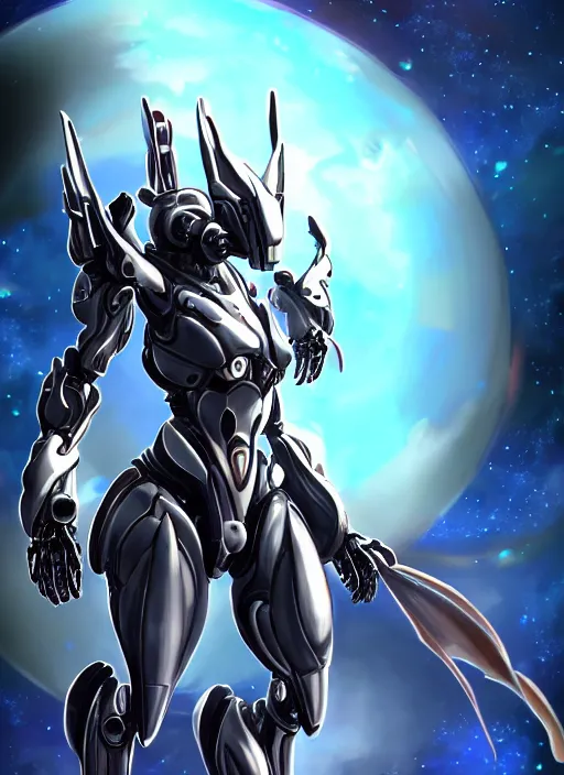 Image similar to cinematic shot, cosmic sized perfectly proportioned stunning beautiful anthropomorphic robot mecha female dragon, space background, larger than planets, posing elegantly, with galaxy in hands, sleek silver armor, epic proportions, epic size, epic scale, ultra detailed digital art, furry art, macro art, dragon art, giantess art, warframe fanart, furaffinity, deviantart