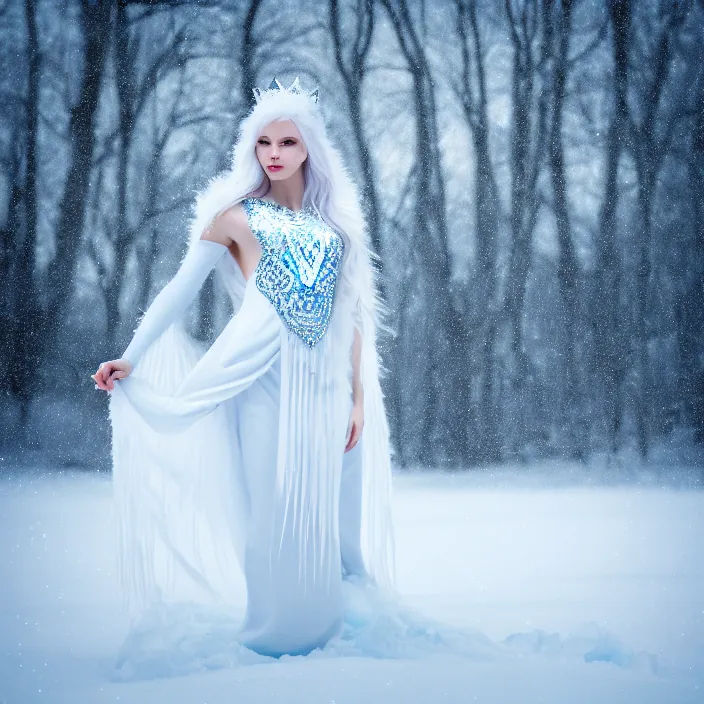 Image similar to photograph of a real-life beautiful ice queen with intricate white dress sitting in an ethereal snowy landscape. Extremely detailed. 8k