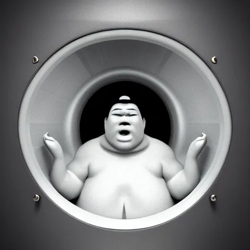 Image similar to 3 d render of a sumo wrestler trapped inside of a microwave