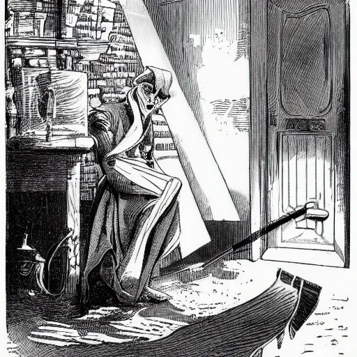 Prompt: warlock in the attic, comic art, victorian illustration, black and white