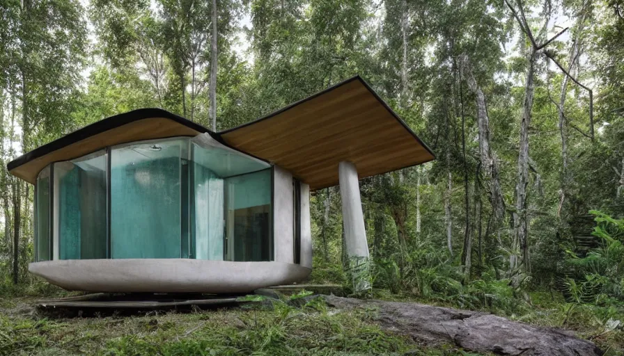 Prompt: A wide image of a full innovative contemporary 3D printed prefab sea ranch style cabin with rounded corners and angles, beveled edges, made of cement and concrete, organic architecture, in a lush green forest Designed by Gucci, Balenciaga, and Wes Anderson, golden hour