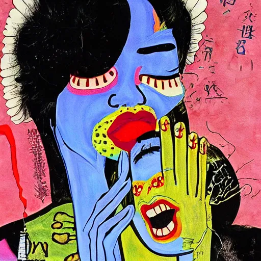 Image similar to beautiful painting of two bizarre psychedelic women kissing each other closeup in tokyo in winter, speculative evolution, mixed media collage by basquiat and junji ito, magazine collage art, paper collage art, sapphic art, lesbian art