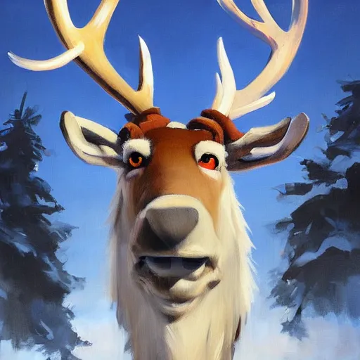 Image similar to greg manchess portrait painting of sven reindeer from frozen as overwatch character, medium shot, asymmetrical, profile picture, organic painting, sunny day, matte painting, bold shapes, hard edges, street art, trending on artstation, by huang guangjian and gil elvgren and sachin teng
