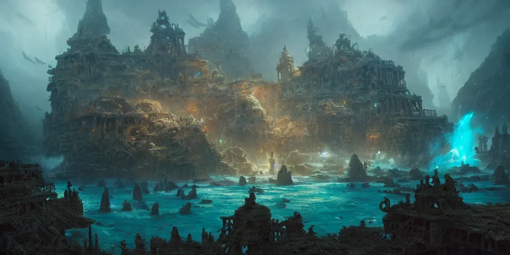 Prompt: a highly detailed artstation concept art 8 k render of lost city, james paick, greg rutkowski, deep sea, sunken ship, whale, coral, jellyfish, cinematic lighting, peter mohrbacher, game asset, unreal engine, illustration, digital painting, sharp focus,, mythological, ultra realistic