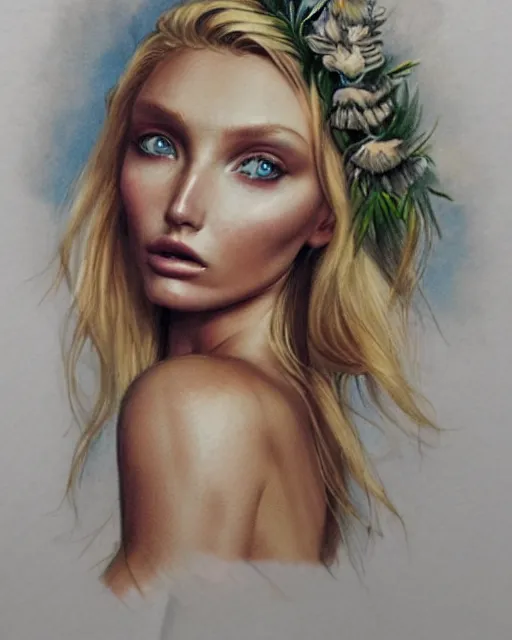 Prompt: realism tattoo sketch of elsa hosk as a beautiful greek goddess aphrodite with piercing eyes wearing a laurel wreath and triangle earrings, in the style of greg rutkowski, amazing detail