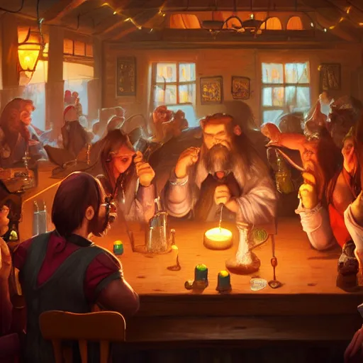 Image similar to a crowded tavern with candels on the tables, people drinking beer, fantasy art, trending on Artstation