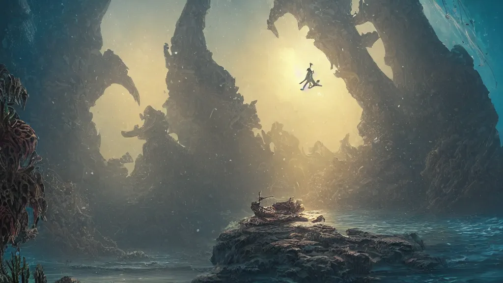 Prompt: An diver is under the sea, he has a treasure with him, he is swimming away from the giant Ryūjin that is behind hunting him, this is an extravagant planet with wacky wildlife and some mythical animals, the background is full of ancient ruins, the ambient is dark with a terrifying atmosphere, by Jordan Grimmer digital art, trending on Artstation,