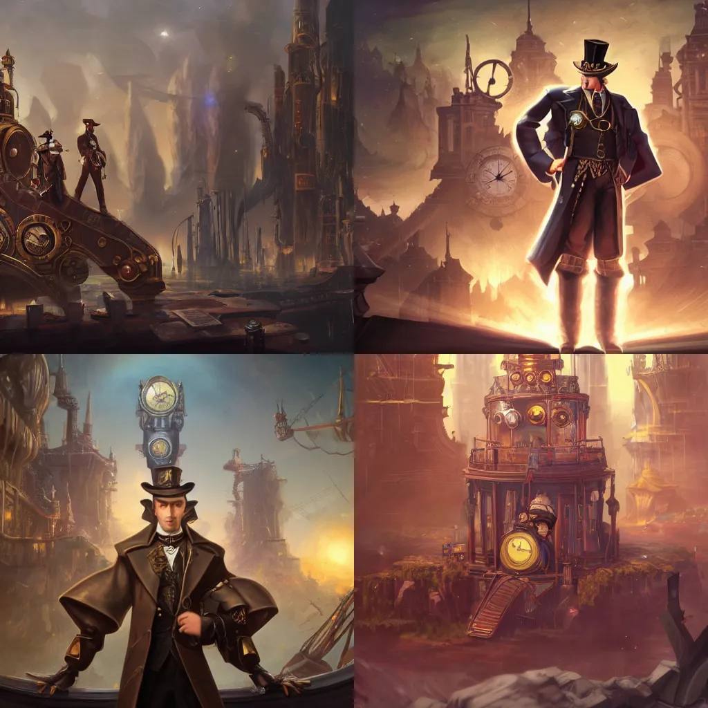 Prompt: a poster of a noble male in hat in the center, posing with crossed arms, steampunk spaceship on background, by tyler edlin and lindsey look, victorian, concept art, steam romance, adventure, jonathan winterhart, detailed, 4k resolution, trending on artstation