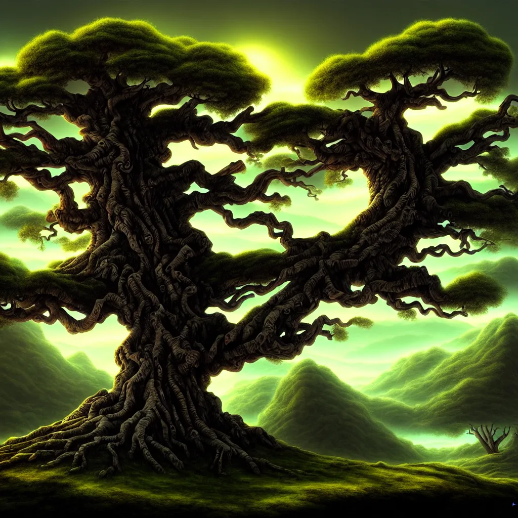 Prompt: ancient tree, hill, a detailed matte painting, fantasy, dark