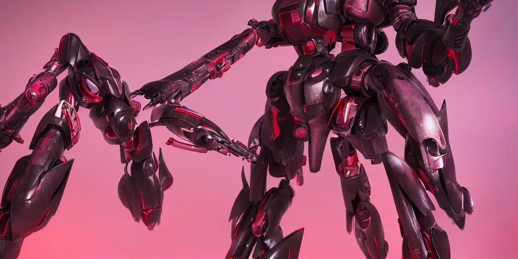 Image similar to a metal insect - like of female gundams like beetles is in pink and red collection by merriam, daniel, intricate mechanical details, futuristic, 2 k aesthetic, dramatic lighting, 4 k, 3 d octane render, provenance, detailed, trending on artstation