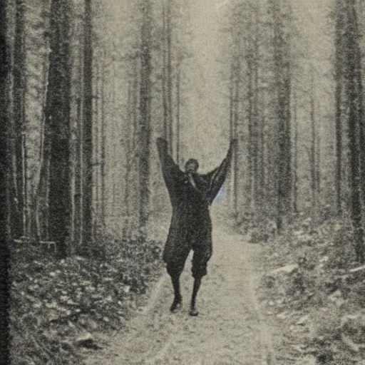 Prompt: a 1 9 0 0 s grainy photo of a bipedal monster catch in a desert road inside a dense forest