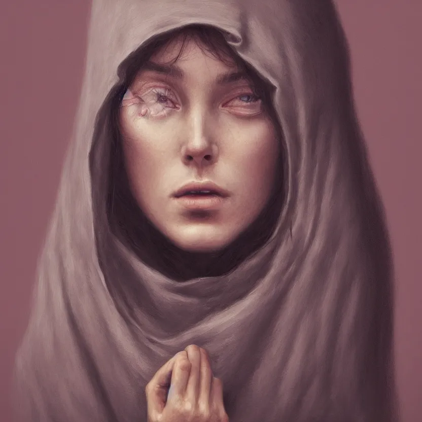 Image similar to Portrait of a young woman wearing a hooded robe, anatomically correct, perfect face, cinematic shot, candid, intricate, elegant, highly detailed digital painting, trending on Artstation, concept art, smooth, sharp focus, illustration and art by Beksinski, by Simon Stalenhag