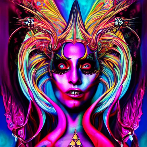 Image similar to an extremely psychedelic portrait of lady gaga as baphomet, surreal, lsd, face, detailed, intricate, elegant, lithe, highly detailed, digital painting, artstation, concept art, smooth, sharp focus, illustration,