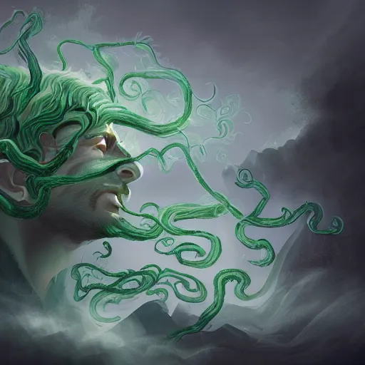 Image similar to side view of a man made of swirling smoke and tendrils of fog, with ivy, twilight colors and green, cinematic, highly detailed, digital painting, artstation, concept art, smooth, sharp focus, illustration