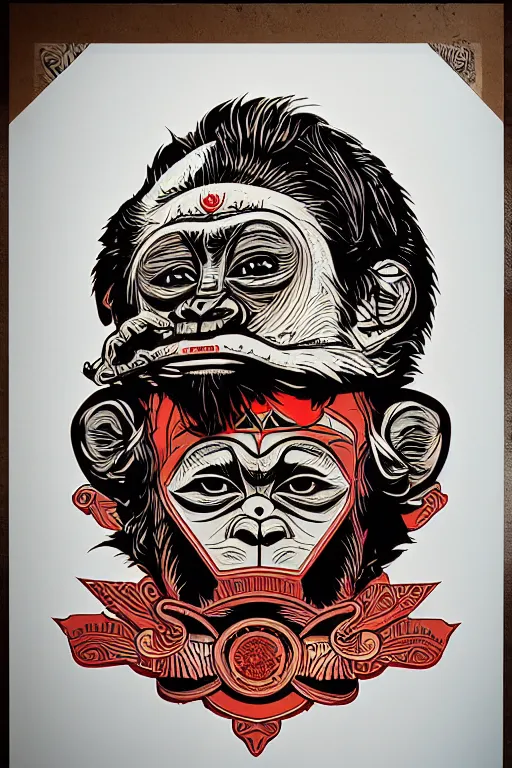 Image similar to monkey face tattoo propaganda screen printing poster, art style wwii posters, jean giraud moebius comic art, sachin teng, shepard fairey, obey, street art, iconic, masterpiece, organic painting, hard edges, ornate and hyper detailed