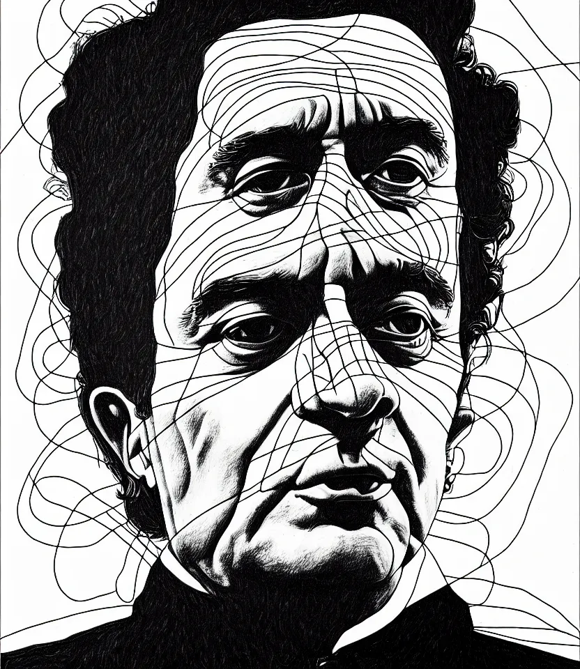 Image similar to detailed line art portrait of johnny cash, inspired by egon schiele. contour lines, musicality, twirls, curls, curves, confident personality