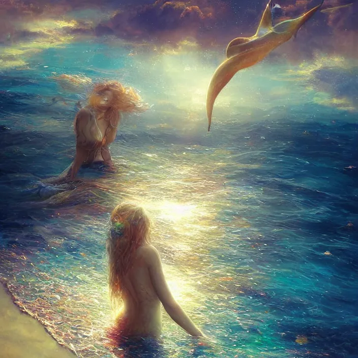 Image similar to glimmering mermaid relaxing beach, dolphins, golden hour, god rays, coral reef, dreamscape by artgerm and ruan jia and ismail inceoglu and greg olsen, cosmos, milky way galaxy, masterpiece, beautiful, intricate, elegant, highly detailed