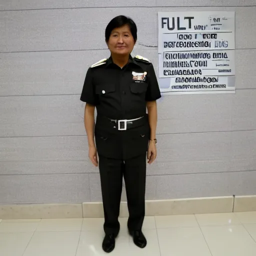 Prompt: full body mugshot photo of BongBong Marcos wearing a prisoner outfit, realistic,