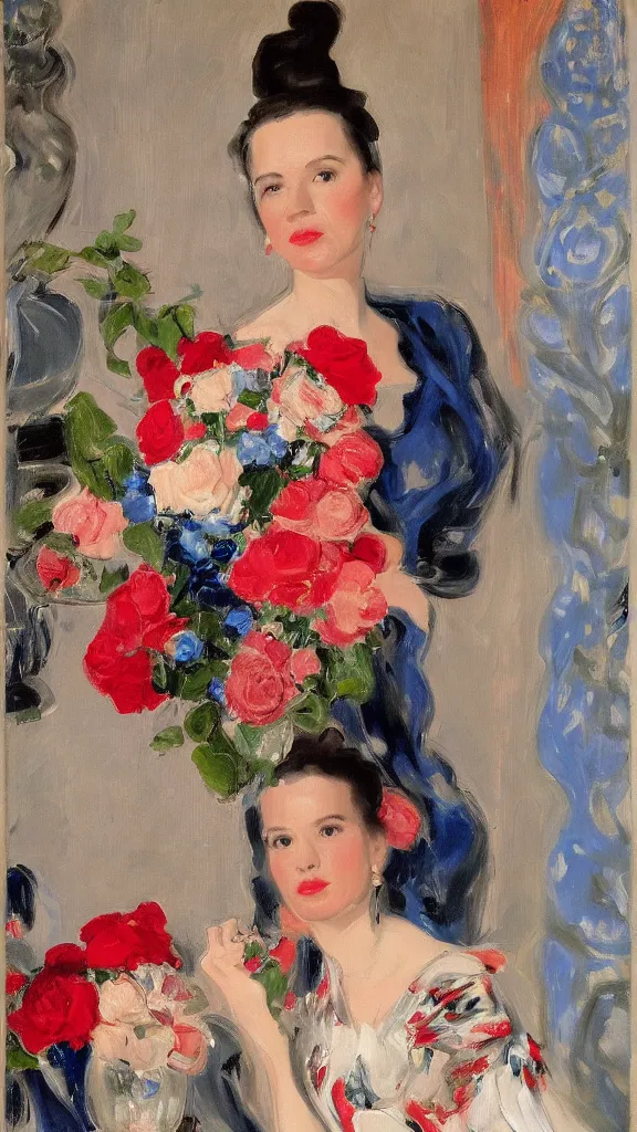 Image similar to portrait of rebekah delrio in lynch pattern dress beside of a big persian detailed pot of red roses, blue and red lights, mulholland drive, painted by john singer sargent