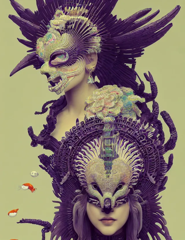 Image similar to 3 d goddess close - up 3 / 4 portrait with ram skull. beautiful intricately detailed japanese crow kitsune mask and clasical japanese kimono. betta fish, jellyfish phoenix, bio luminescent, plasma, ice, water, wind, creature, artwork by tooth wu and wlop and beeple and greg rutkowski