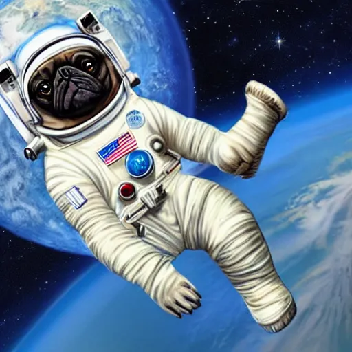 Image similar to hyper realistic, highly detailed, astronaut pug in space.