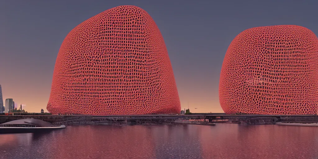 Image similar to An epic architectural rendering of a blob shaped trypophobia house with a mysterious red glow emitting from inside in a modern cityscape next to a river, hamburg elbphilharmonie, stunning, gorgeous, golden ratio, photorealistic, featured on artstation, 4k resolution