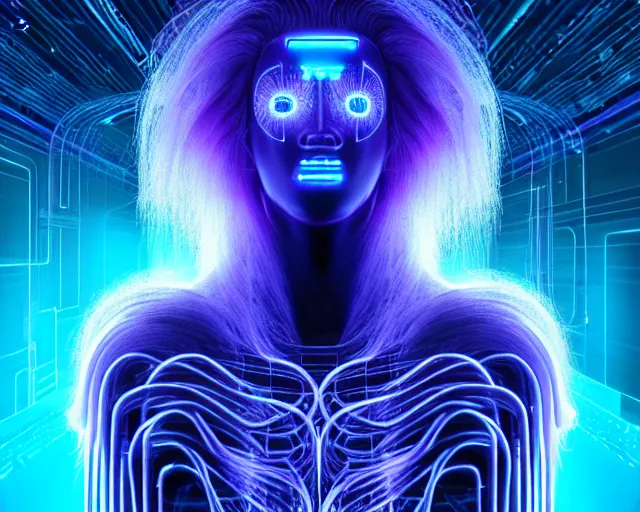 Image similar to glowing hair, complex cybernetic beings, beautiful hairy humanoids, cybermagnetosphere, cybernetic civilizations, ornate hair, love, joy, vortexes, large arrays, data holograms, 8 k, cinematic light shadows, wet hdr refractions, *, * * *, * * * * *