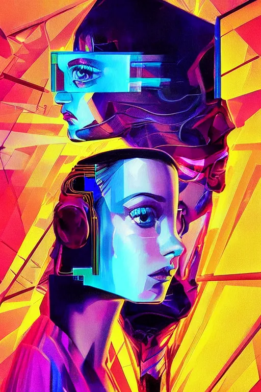 Prompt: portrait, digital painting, an beautiful, crazy hacker girl, lost in code, synthwave, glitch!!, fractured reality, realistic, hyperdetailed, golden hour, concept art, art by syd mead, cubism