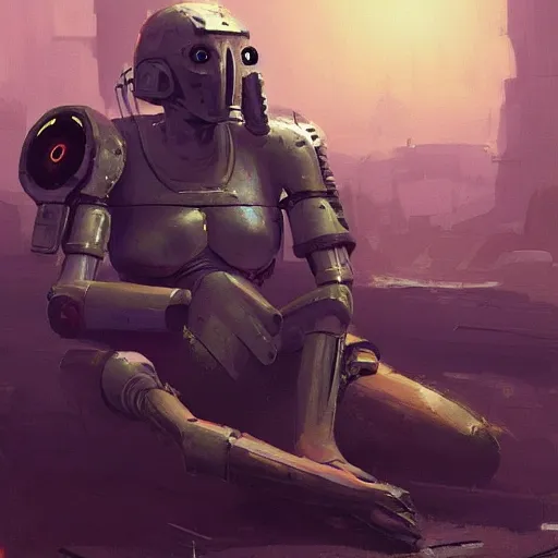 Prompt: a cyborg fighter, from Egypt, resting after a hard fight, happily tired, sci fi character portrait by simon stalenhag, craig mullins