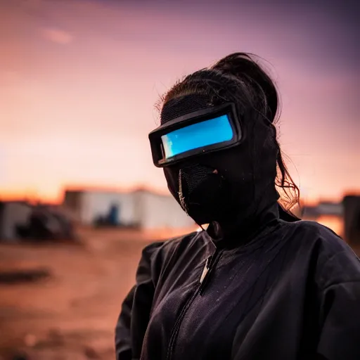 Image similar to photographic portrait of a poor techwear woman holding back tears, a futuristic shanty town burns in the background, closeup, sigma 85mm f/1.4, 4k, depth of field, high resolution, 4k, 8k, hd, full color